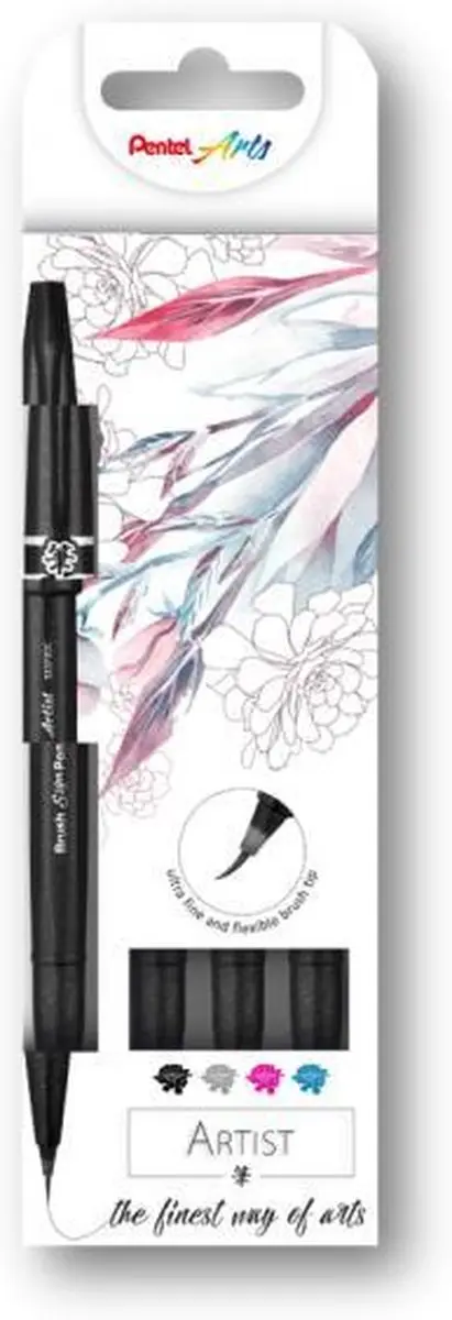 Pentel Brush Sign Artist Pen - 4 Kleuren Zwart/Rood/ Groen/Lichtblauw