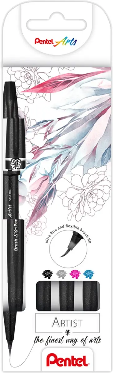 Pentel Brush Sign Artist Pen - 4 Kleuren Zwart/Rood/ Groen/Lichtblauw