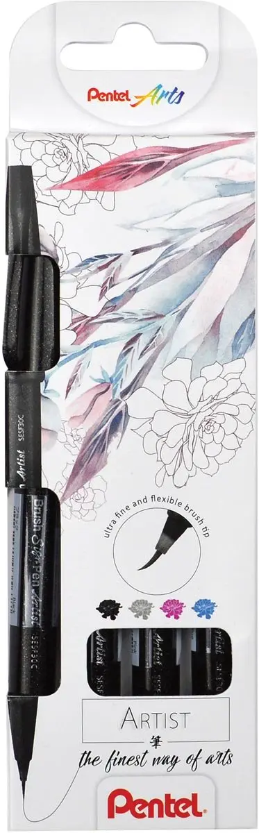 Pentel Brush Sign Artist Pen - 4 Kleuren Zwart/Rood/ Groen/Lichtblauw