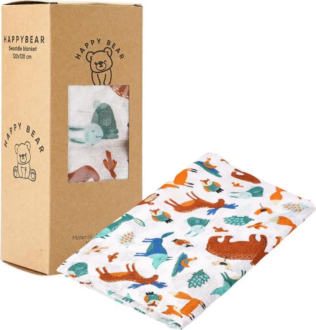 HappyBear Hydrofiele Swaddle Doek Bosdieren 120x120cm