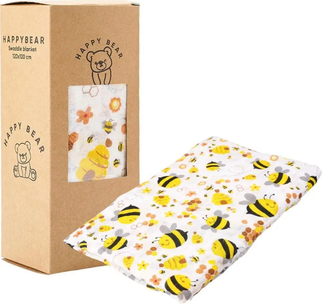 HappyBear Hydrofiele Swaddle Doek Bijen 120x120cm