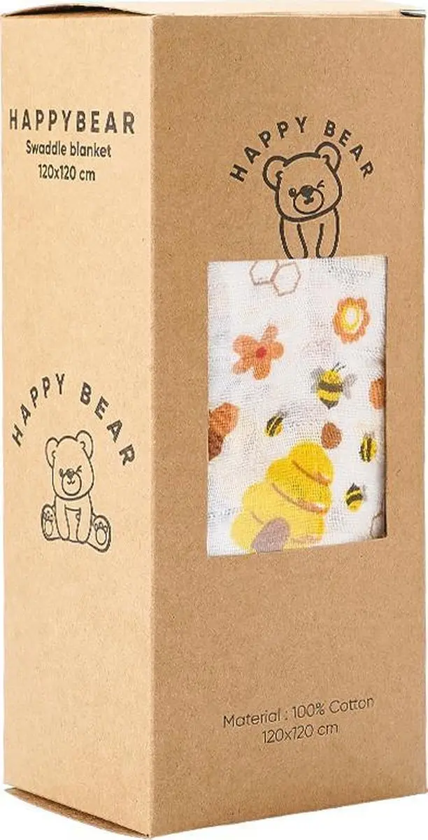 HappyBear Hydrofiele Swaddle Doek Bijen 120x120cm