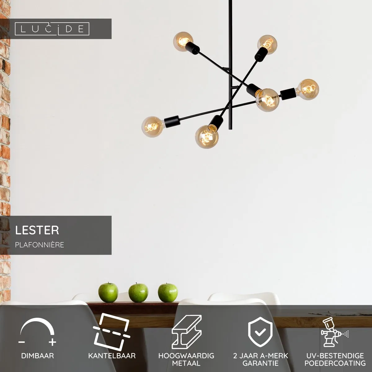 Lucide Lester Plafondlamp 6xE27 - Zwart