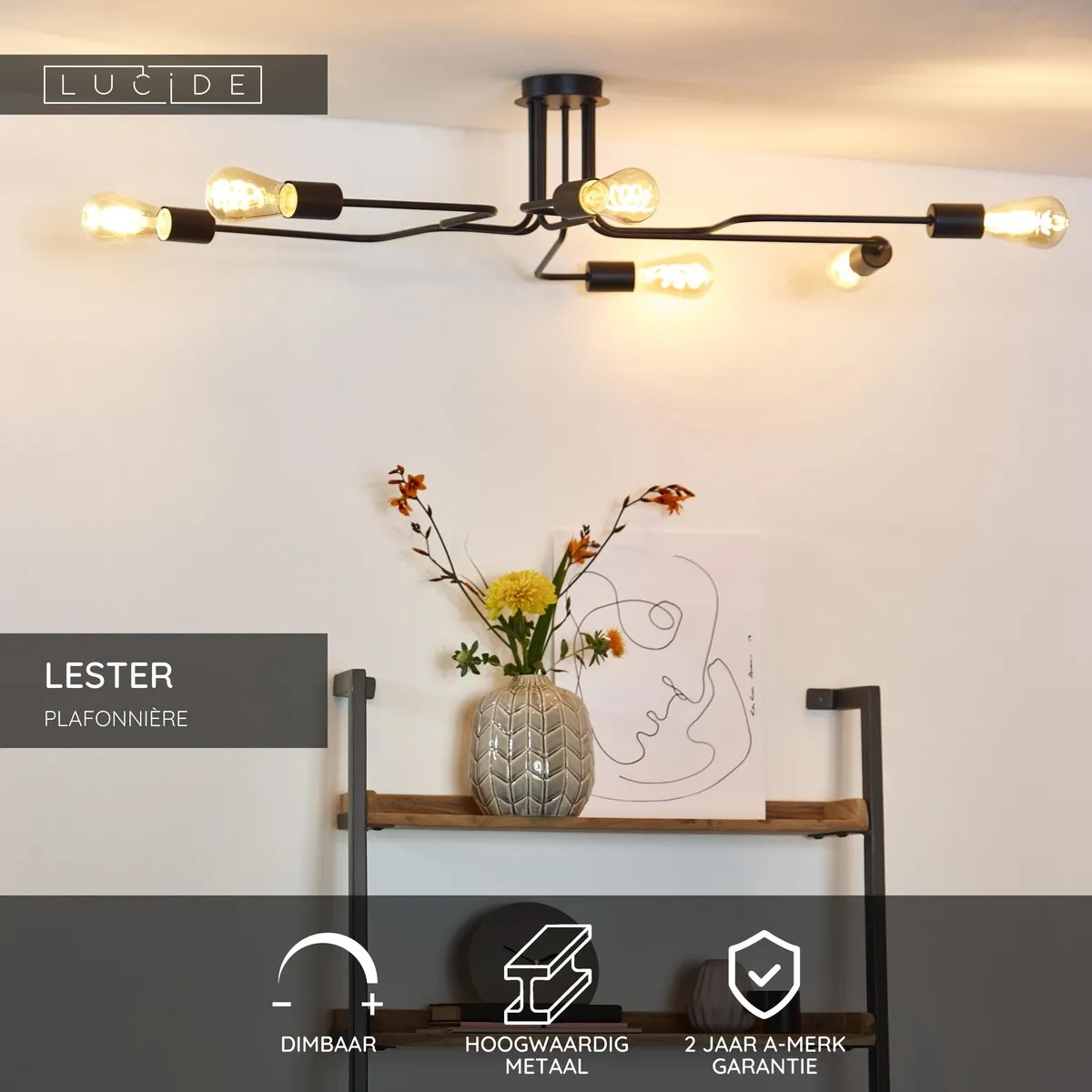 Lucide Lester Plafondlamp 6xE27 - Zwart