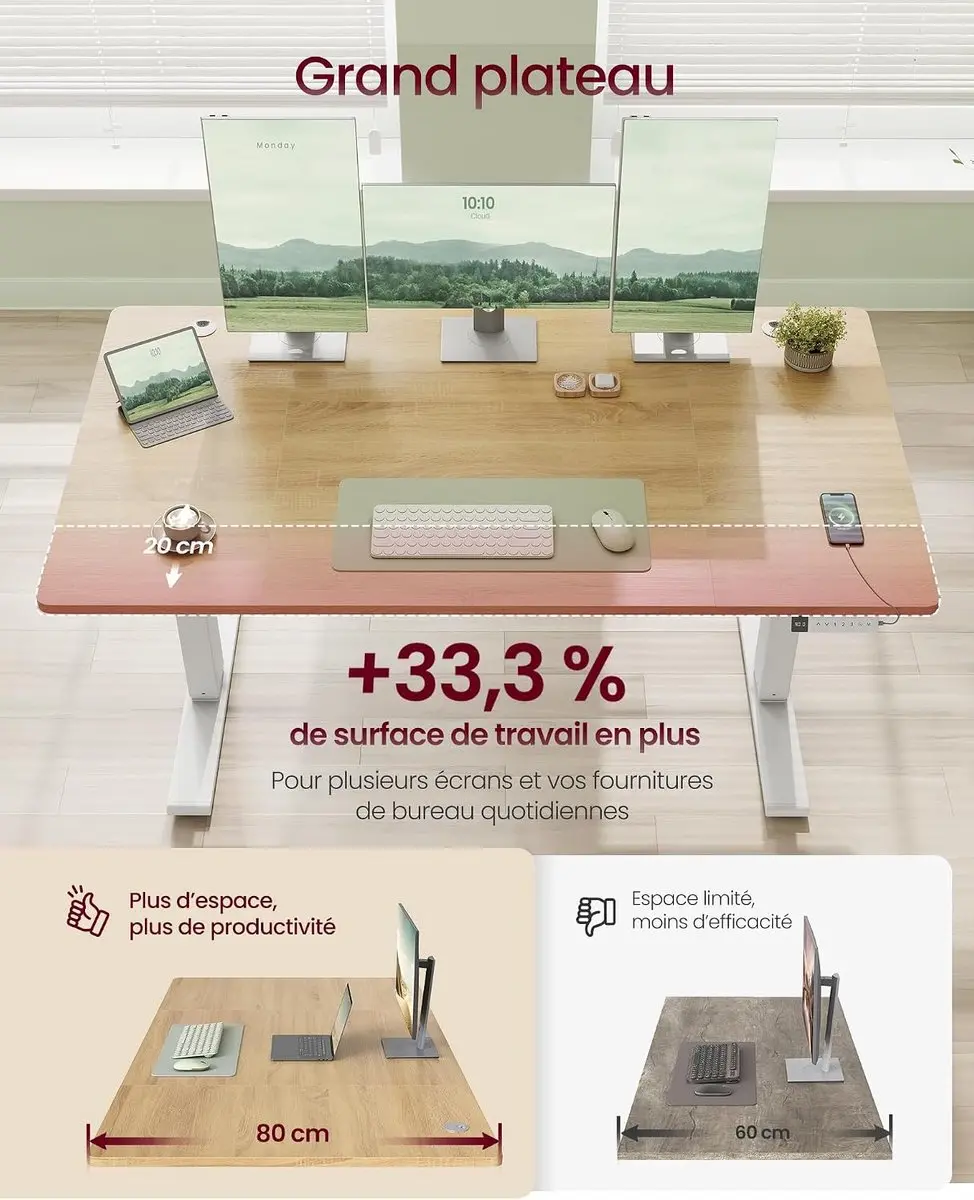 Songmics VASAGLE Elektrisch Bureau 140x80cm - Natuurlijke Eik - USB-C & Powerstriphouder