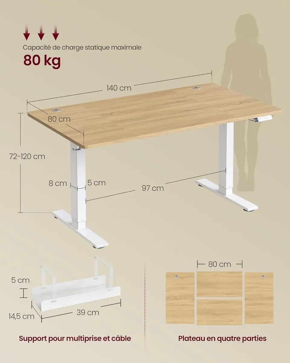 Songmics VASAGLE Elektrisch Bureau 140x80cm - Natuurlijke Eik - USB-C & Powerstriphouder
