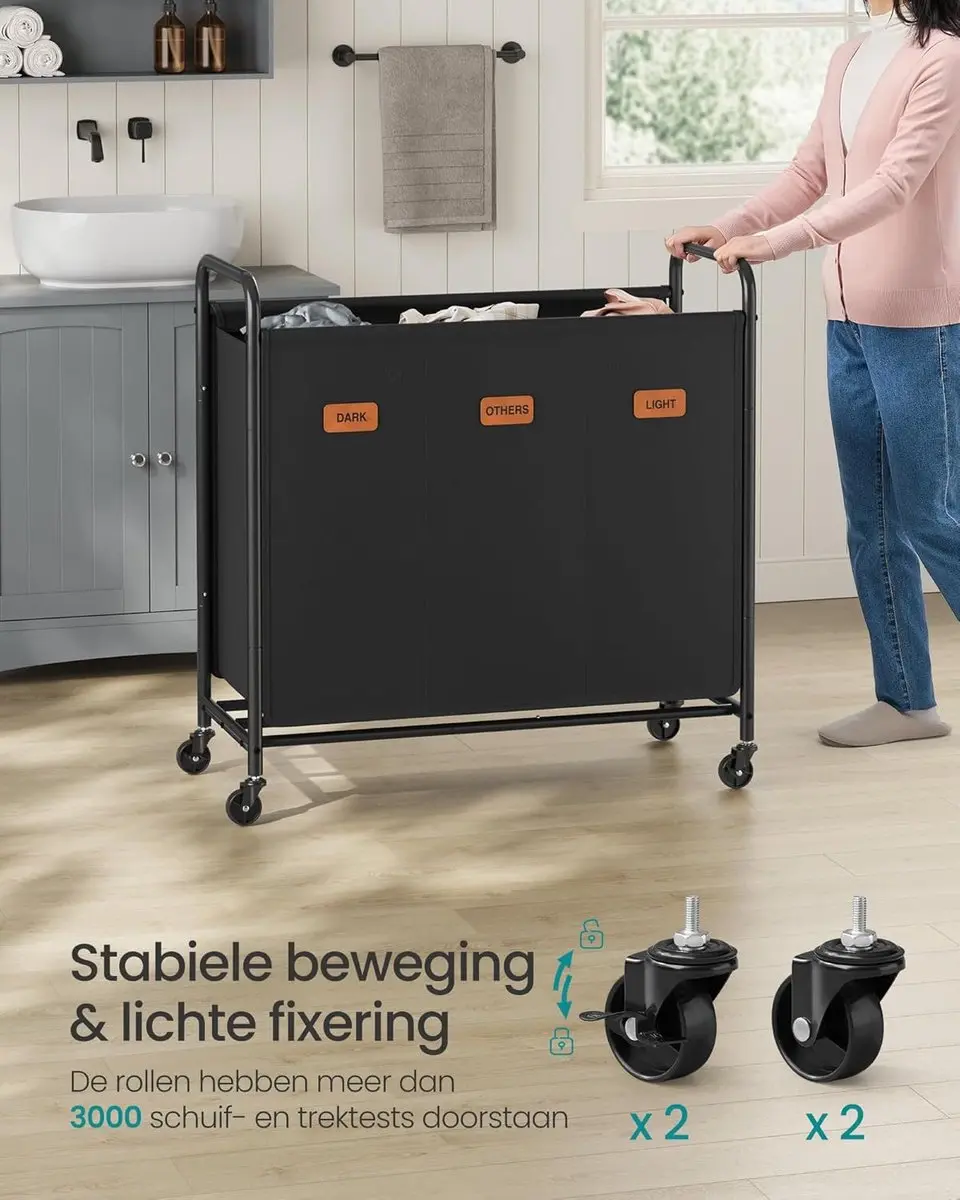 Songmics Roll Wasmand 170L - 3 Compartimenten - Inktzwart