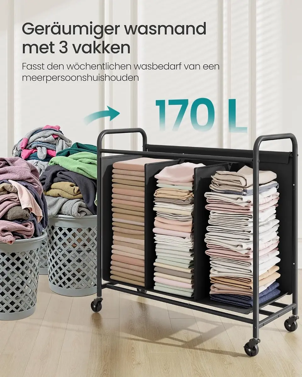 Songmics Roll Wasmand 170L - 3 Compartimenten - Inktzwart