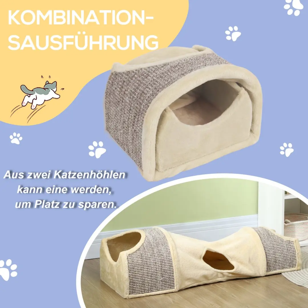 Pawhut Katzentunnel met 2 Huisjes - Sisal & Plüsch - 107x38x29cm - Beige/Grijs