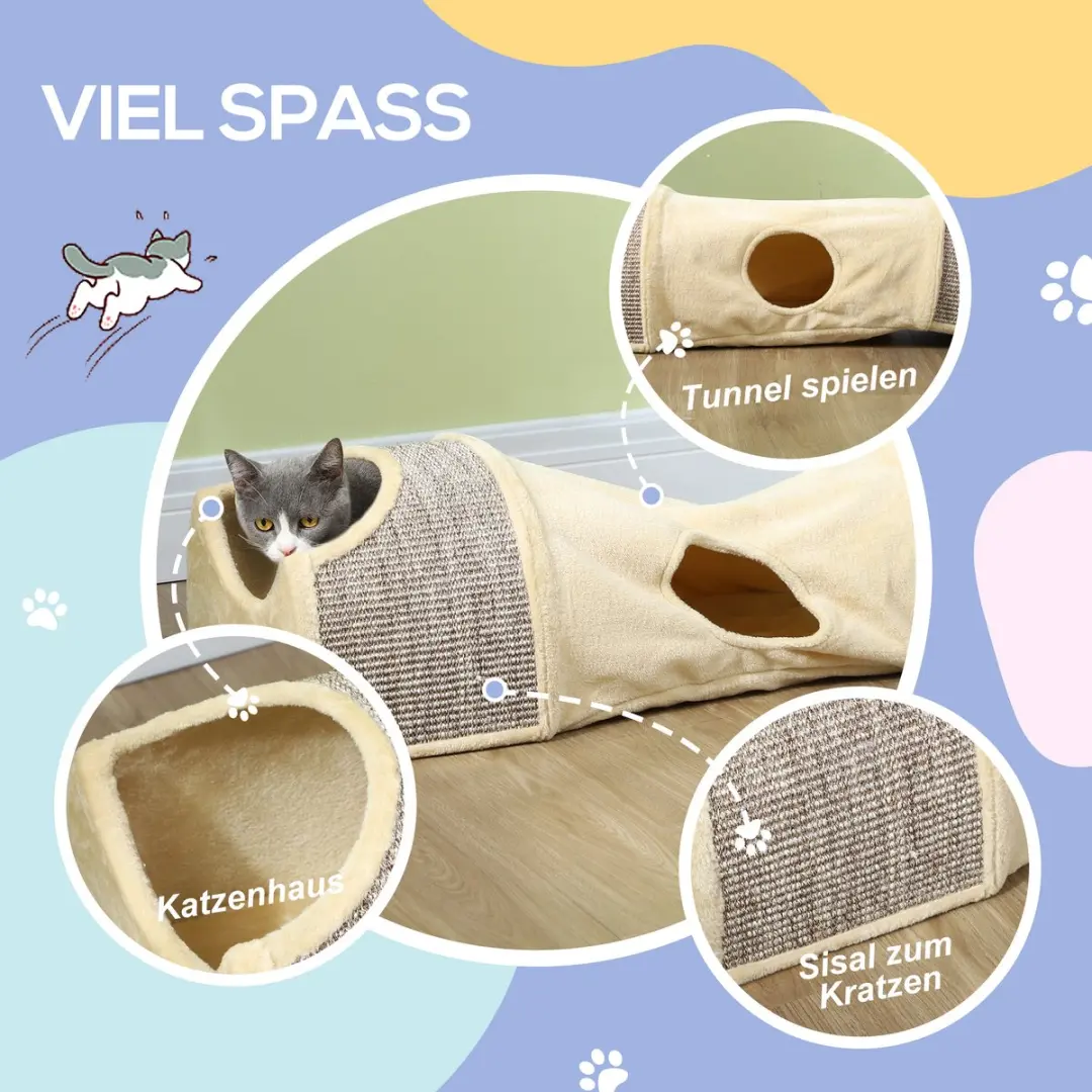 Pawhut Katzentunnel met 2 Huisjes - Sisal & Plüsch - 107x38x29cm - Beige/Grijs