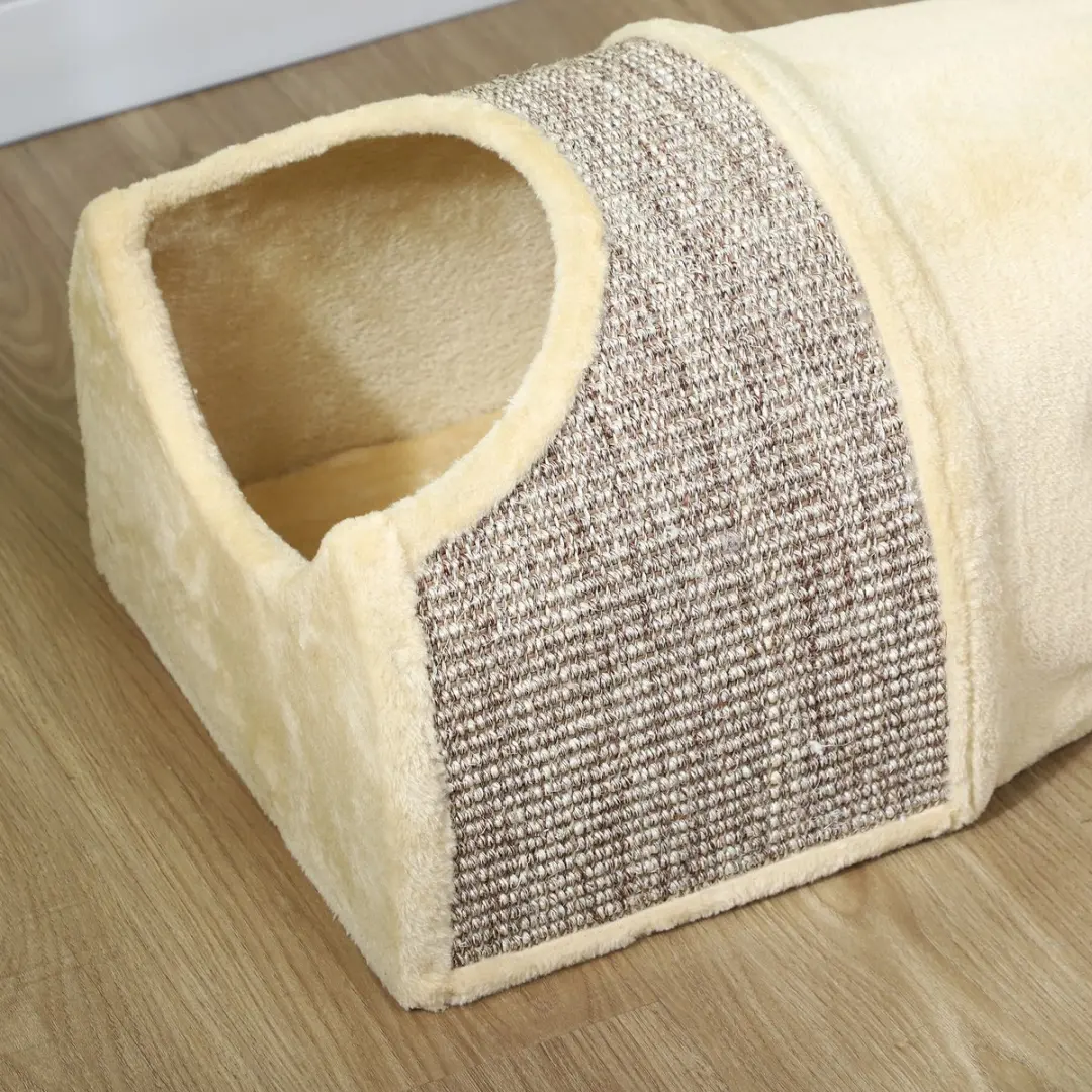 Pawhut Katzentunnel met 2 Huisjes - Sisal & Plüsch - 107x38x29cm - Beige/Grijs