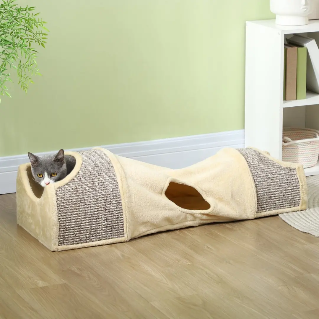 Pawhut Katzentunnel met 2 Huisjes - Sisal & Plüsch - 107x38x29cm - Beige/Grijs