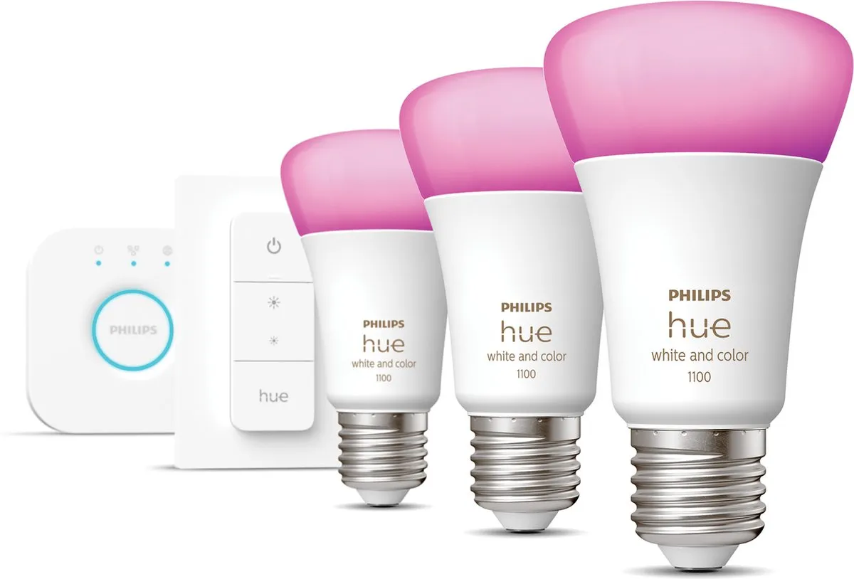 Philips Hue Starterkit 3 Lampen E27 RGBW - Mat - 1100lm - 3 Stuks