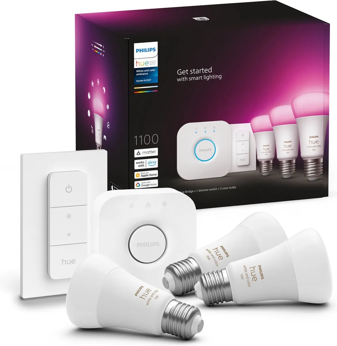 Philips Hue Starterkit 3 Lampen E27 RGBW - Mat - 1100lm - 3 Stuks