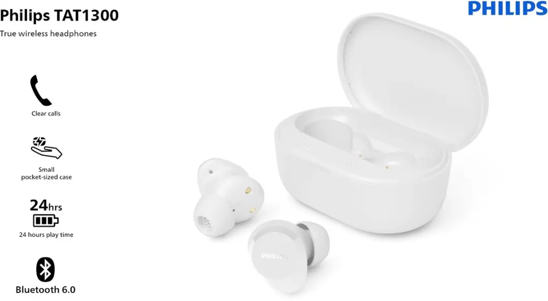 Philips TAT1300WT True Wireless Oordopjes - 24 Uur - IPX4 - Wit