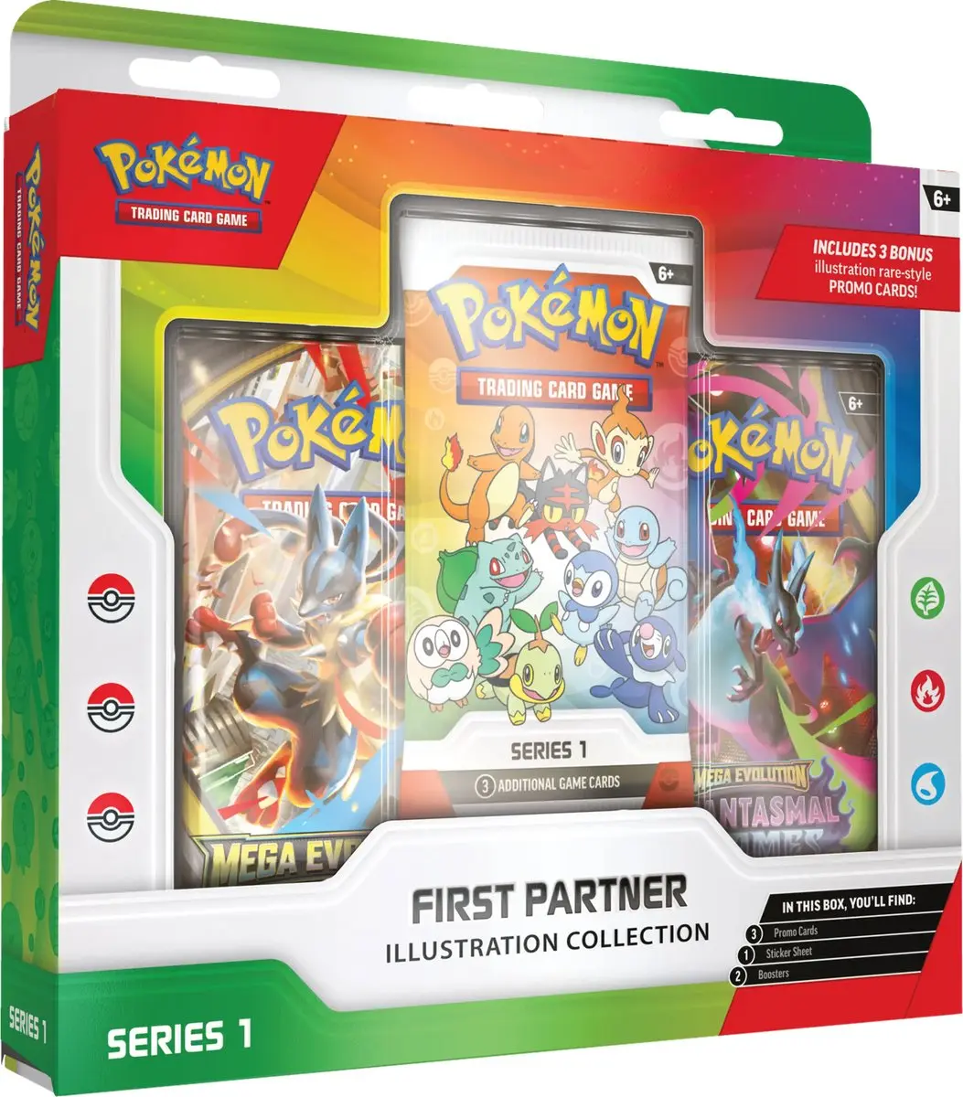 Pokémon First Partner Illustration Collection 1 TCG - 3 Boosters + Promo + Stickers