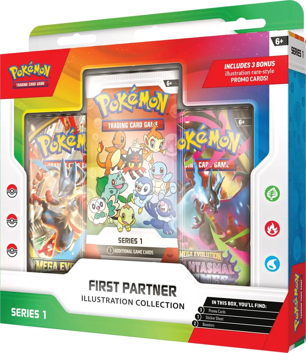 Pokémon First Partner Illustration Collection 1 TCG - 3 Boosters + Promo + Stickers