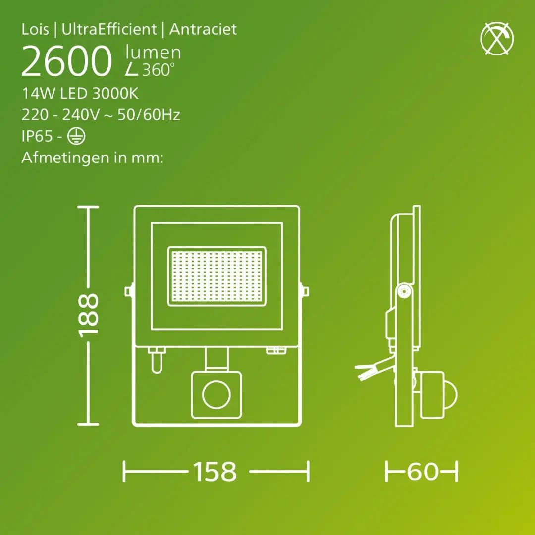 Philips Lois Floodlight 15W - Zwart - 3000K - Bewegingssensor