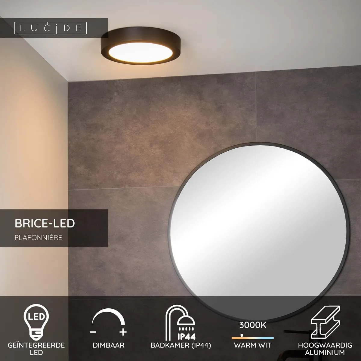 Lucide BRICE-LED Plafondlamp Ø24cm - Zwart - 15W 3000K
