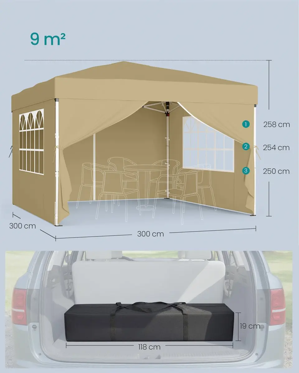 Songmics Opvouwbare Partytent 3x3m - 3 Zijkanten Beige