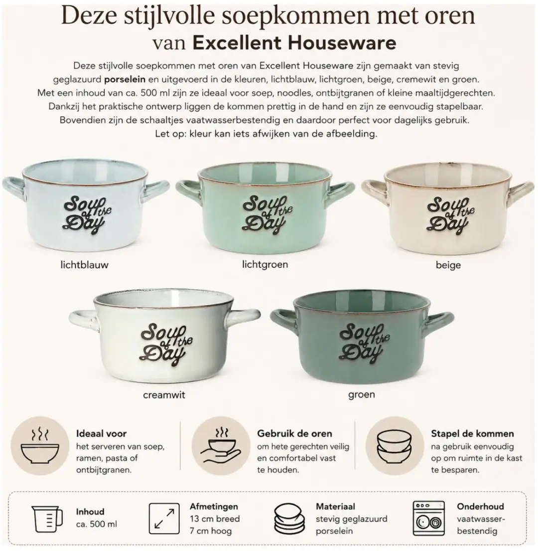 Excellent Houseware Soepkommen Set 6x - 500ml - Beige/Lichtblauw