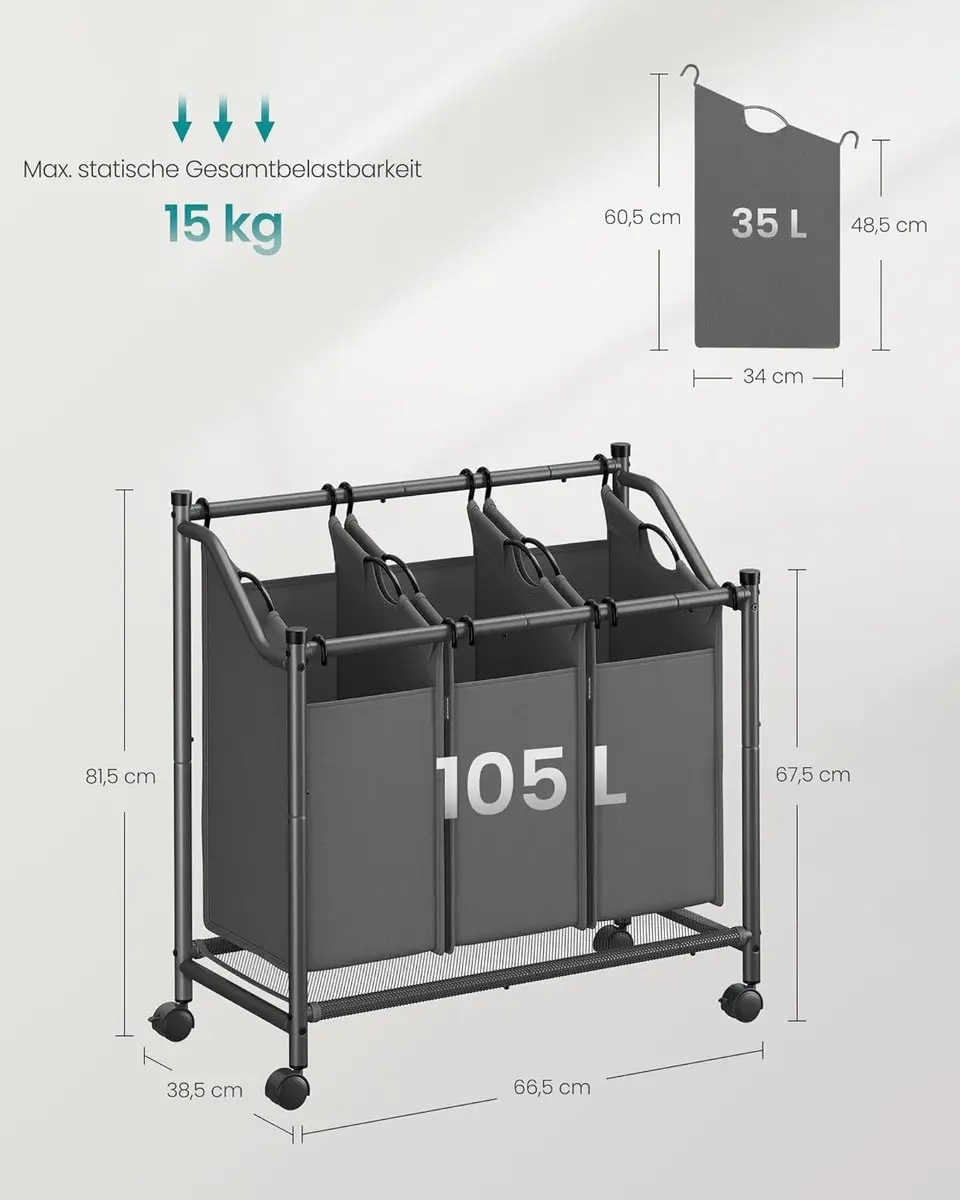 Songmics Wasmand met Wielen 3x45L - Leigrijs