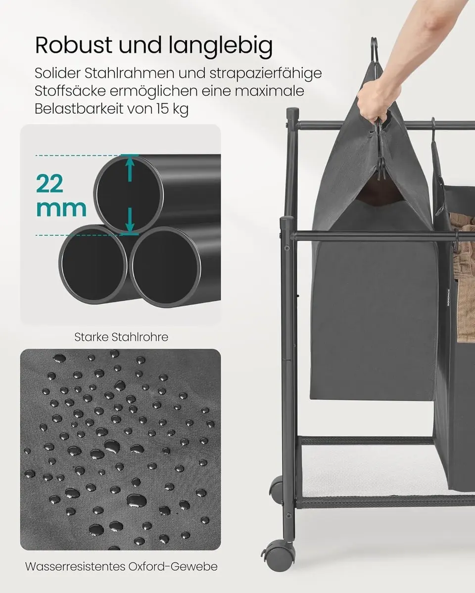 Songmics Wasmand met Wielen 3x45L - Leigrijs
