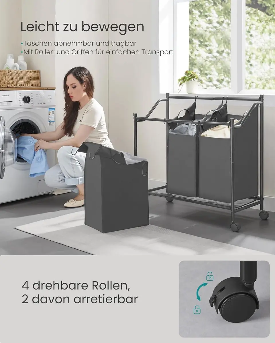 Songmics Wasmand met Wielen 3x45L - Leigrijs