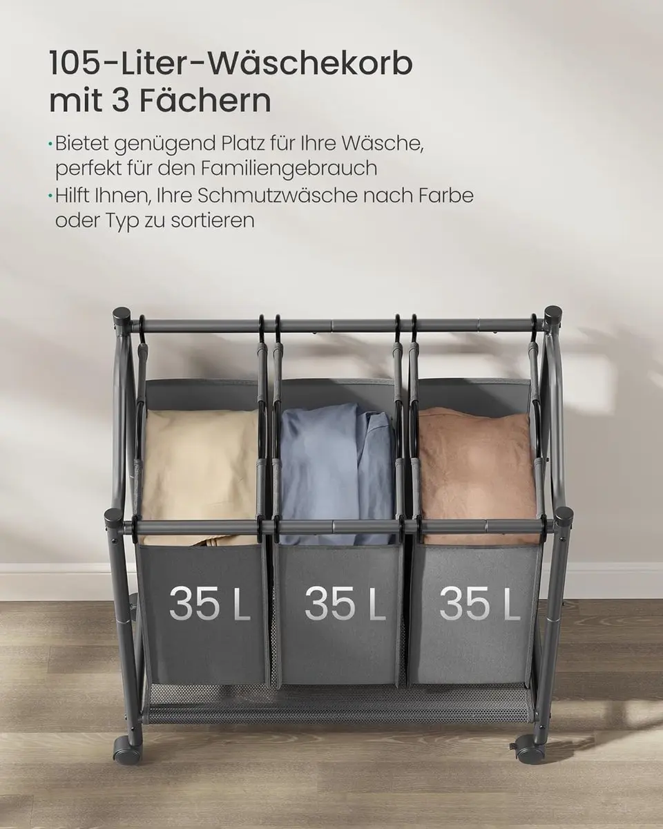 Songmics Wasmand met Wielen 3x45L - Leigrijs - afbeelding 6 van 6