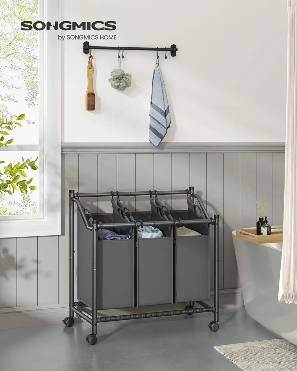 Songmics Wasmand met Wielen 3x45L - Leigrijs