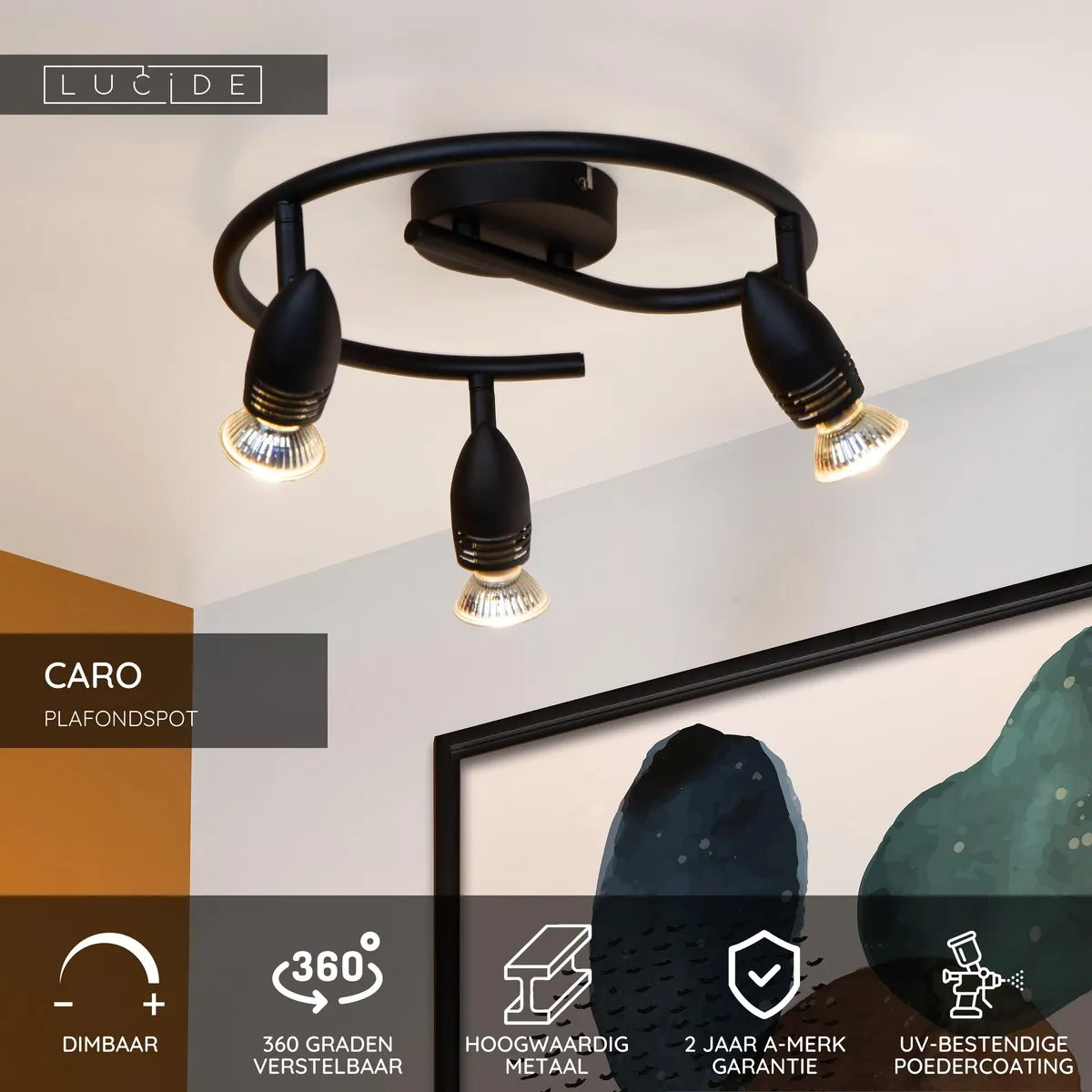 Lucide Caro Plafondspot Ø31cm 3xGU10 - Zwart