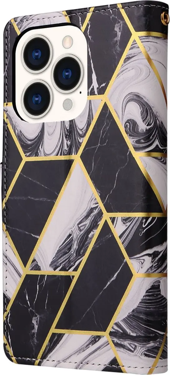 Fonu Marmer Bookcase iPhone 14 Pro Max Hoesje - 3 Stuks - Zwart