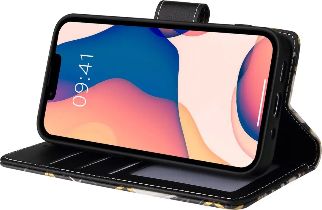 Fonu Marmer Bookcase iPhone 14 Pro Max Hoesje - 3 Stuks - Zwart - afbeelding 6 van 6