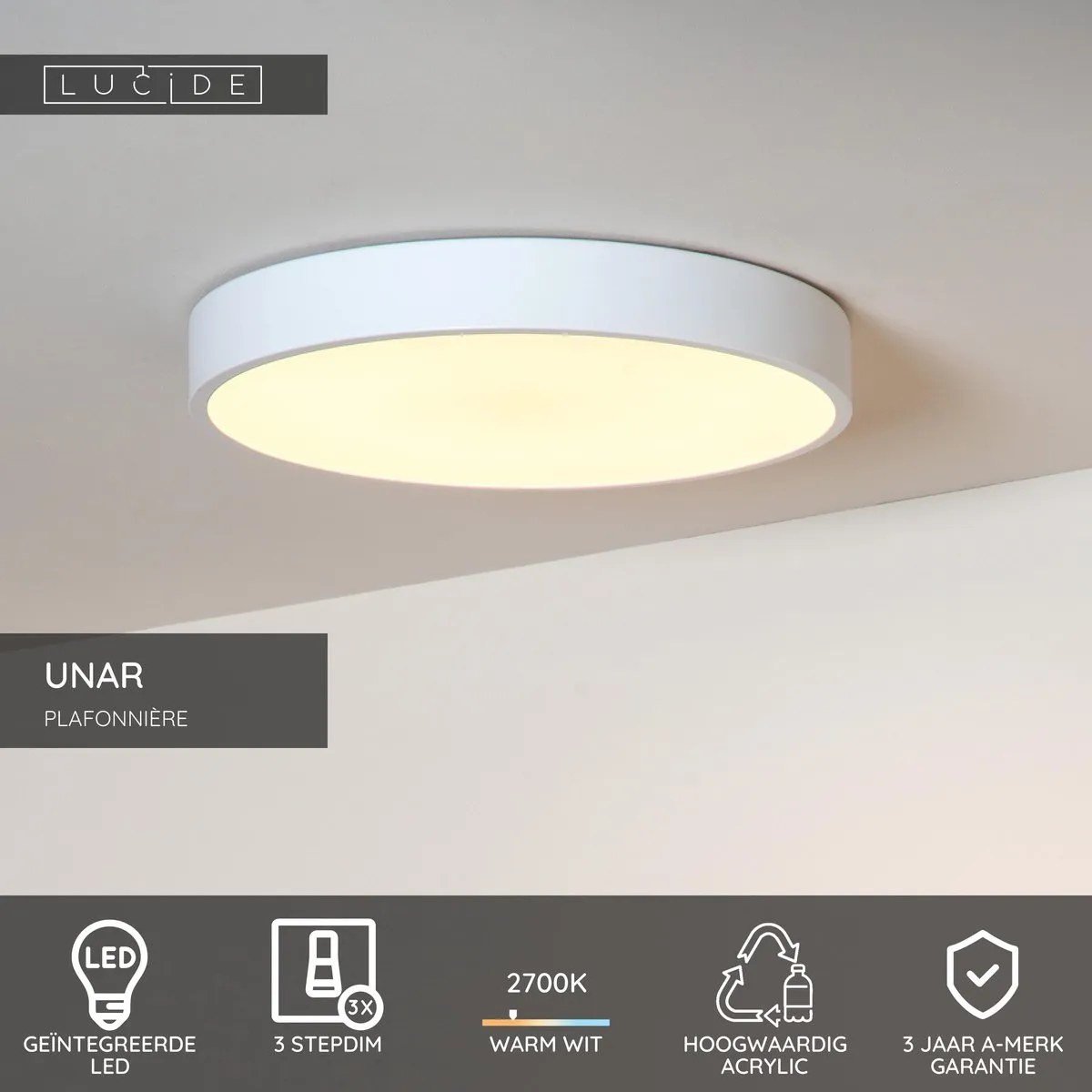 Lucide UNAR Plafondlamp Ø39,5cm - LED 24W 2700K Wit