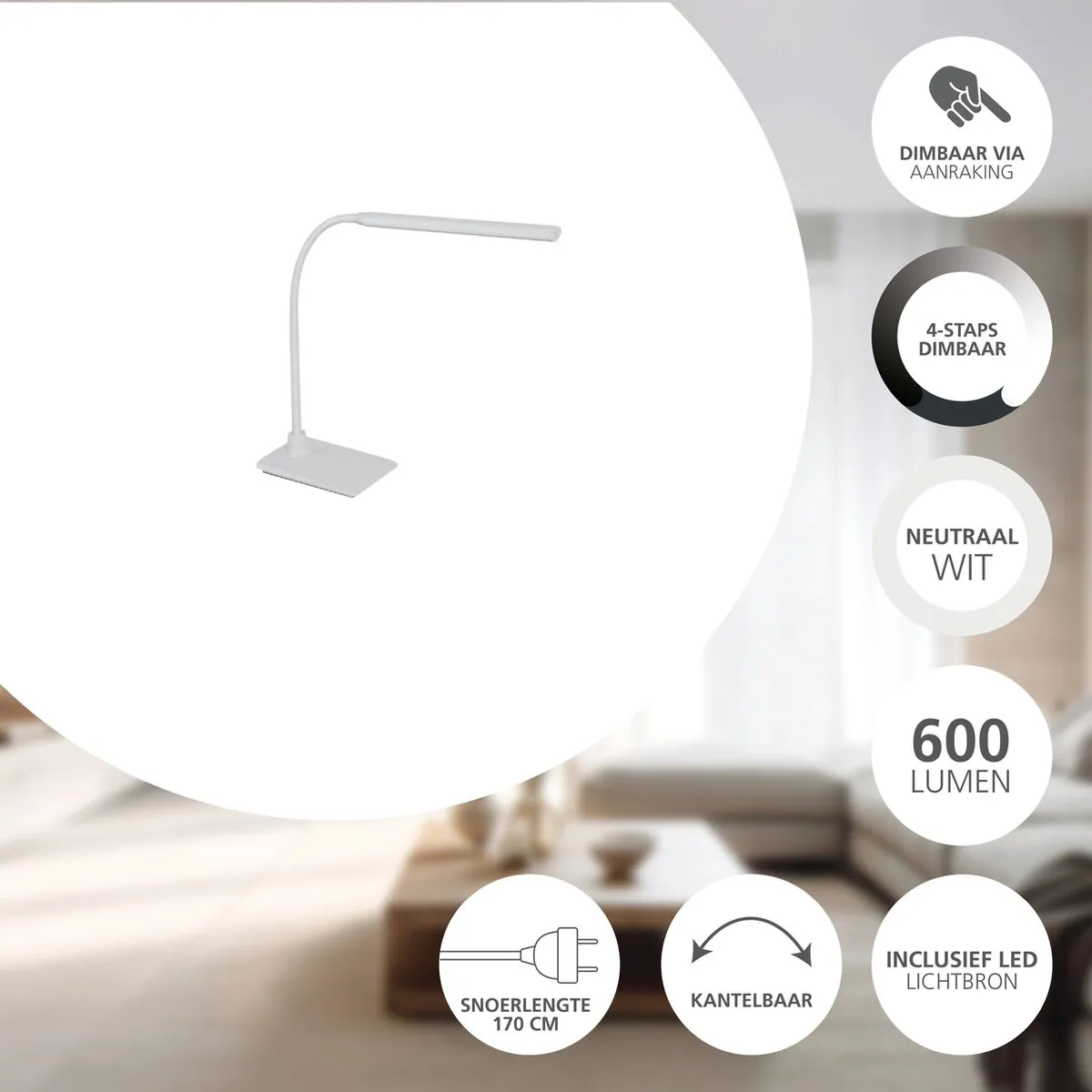 Eglo Laroa LED Tafellamp 48cm - Wit - Dimbaar & Kantelbaar