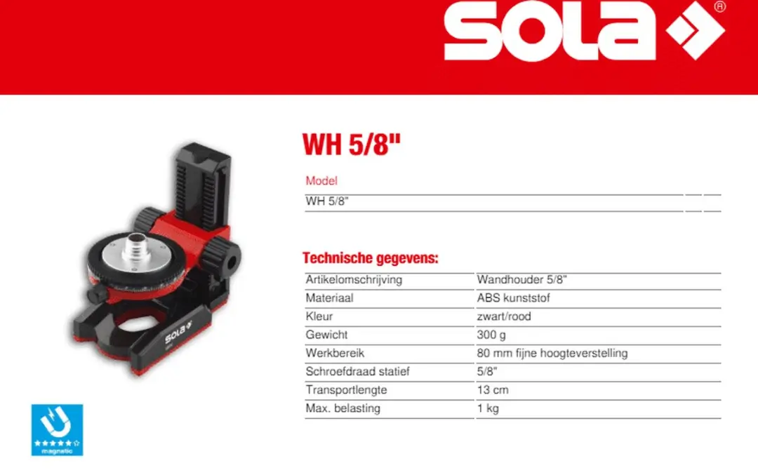 Sola WH Wandhouder 71124201 Lijnlaserhouder - 14mm - Rood/Zwart
