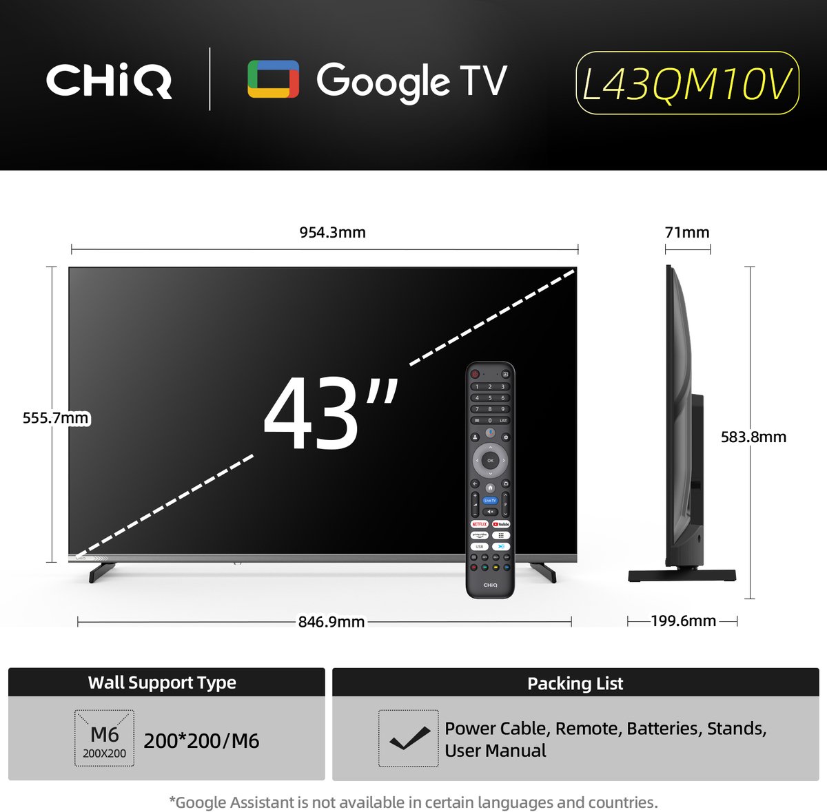 CHiQ L43QM10V - Smart TV 43 Inch - QLED Pro Google TV - Full HD - Randloos Metal Design - Dolby Audio - 2025 Nieuw