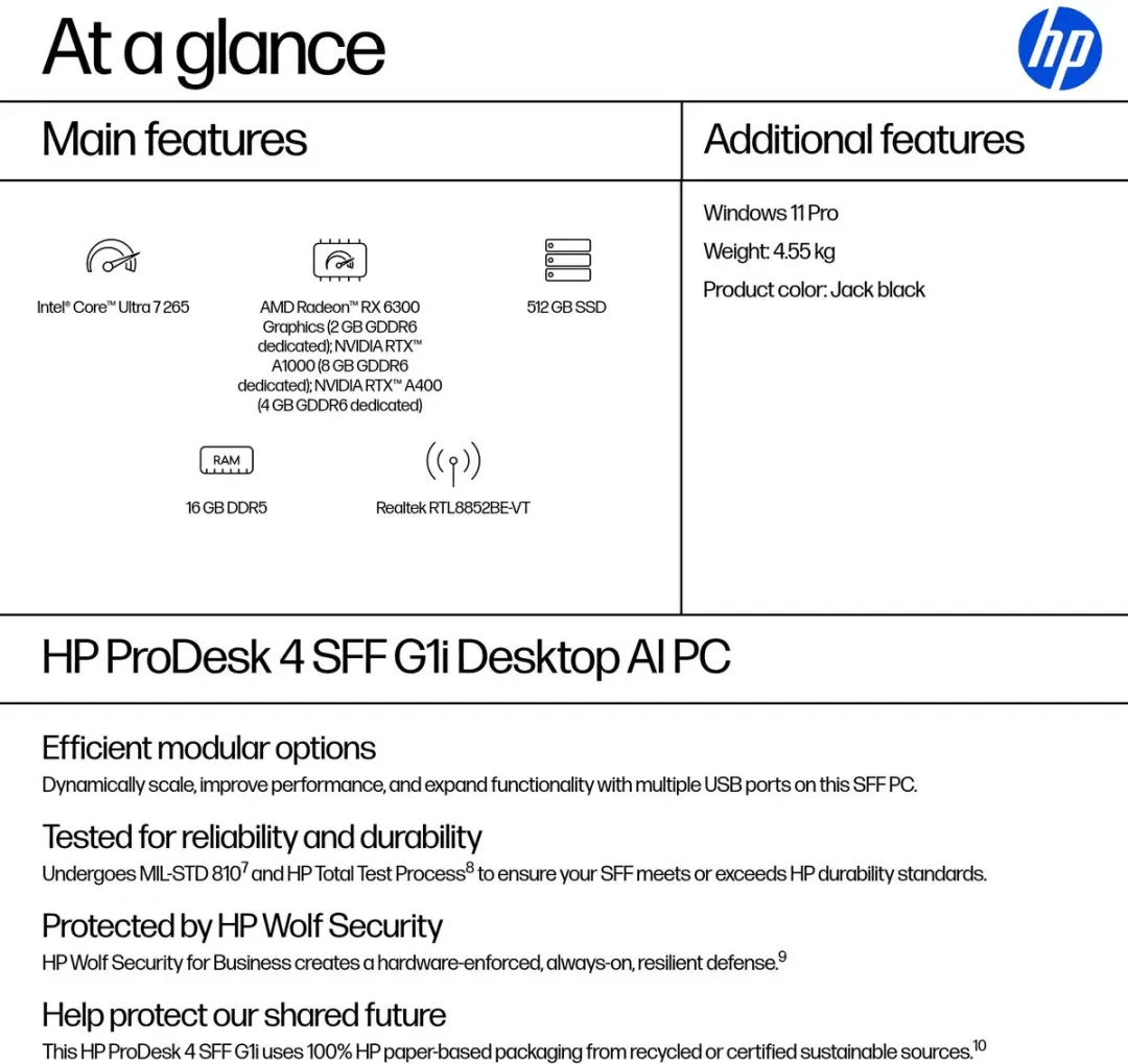 HP ProDesk 4 G1i AI SFF - U7-265 - 16GB 512GB W11P