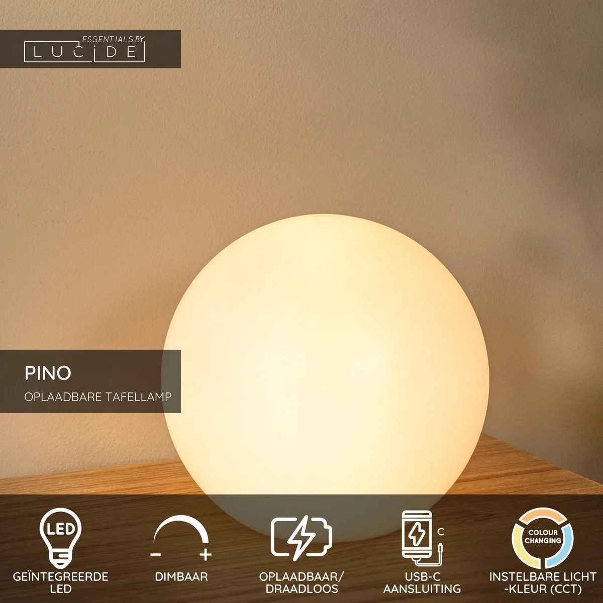 Lucide PINO Oplaadbare Tafellamp - 1x1,5W RGB IP65 Wit