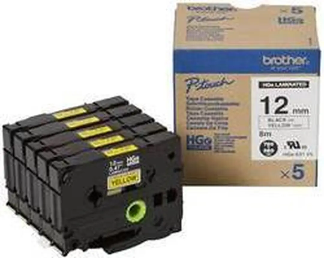 Brother HGe-631V5 Labeltape - Geel/Zwart 12mm 8m - 5 Stuks