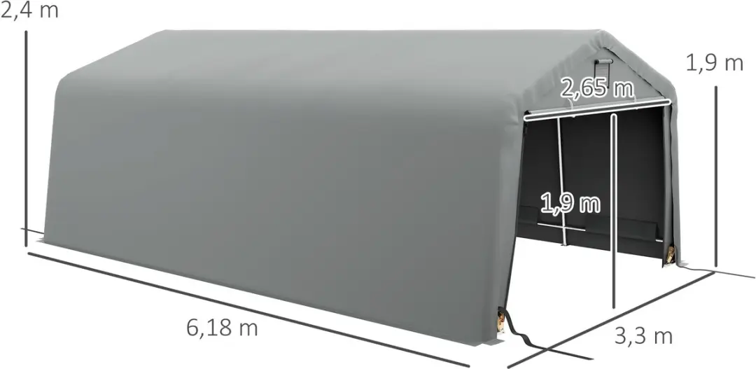 Outsunny Carport PE 618x330x240cm - Lichtgrijs - 3 Zijkanten