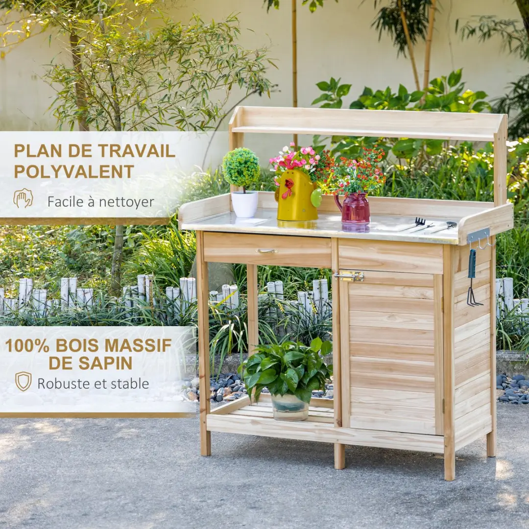 Outsunny Plantentafel Vurenhout 112x48x125cm - 1 Lade