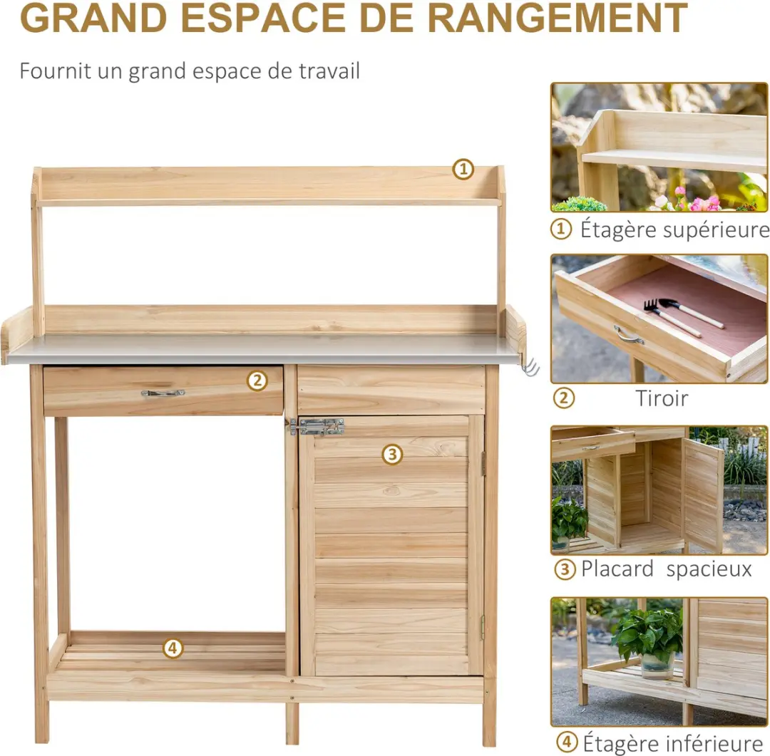 Outsunny Plantentafel Vurenhout 112x48x125cm - 1 Lade