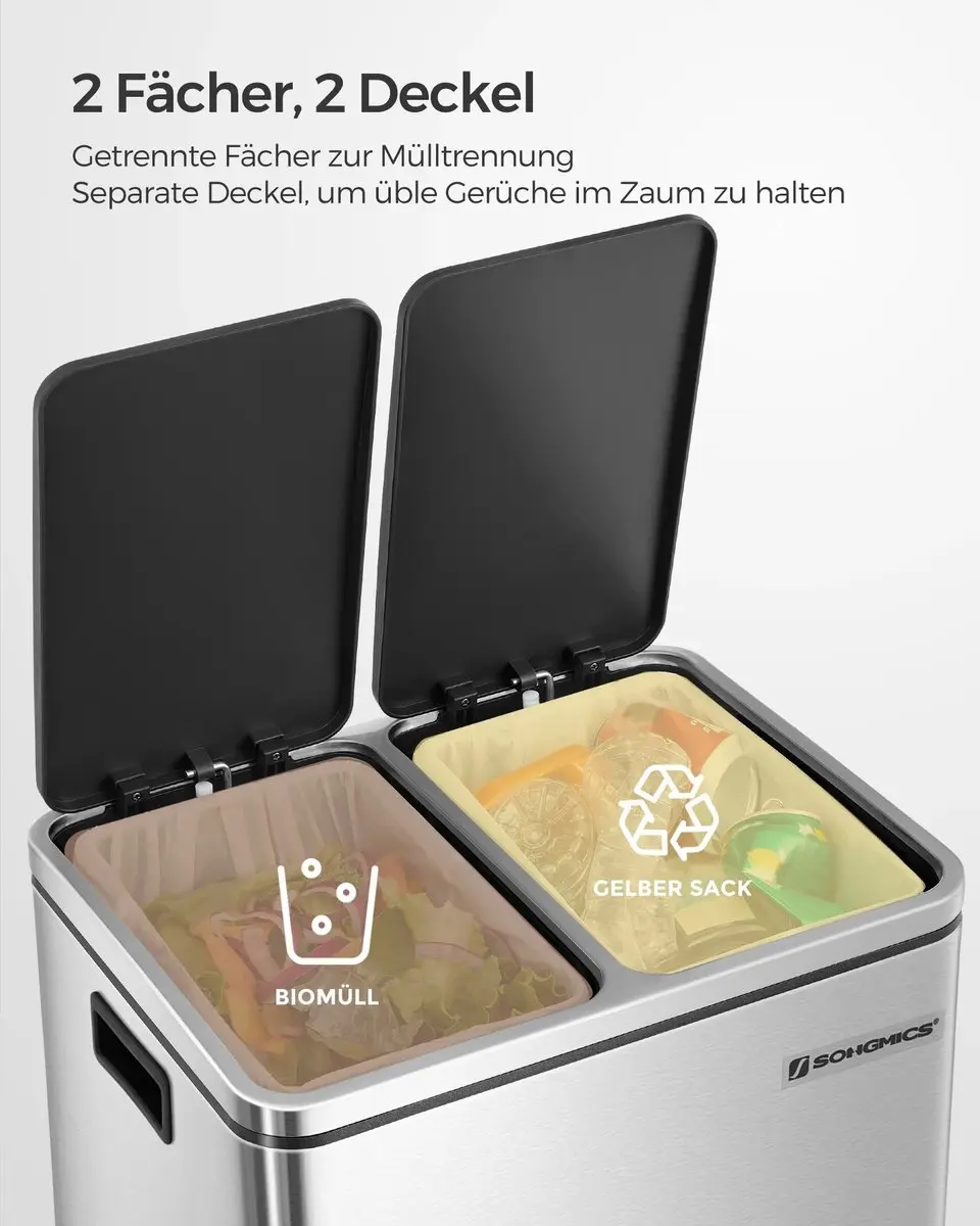 Songmics Pedaal Prullenbak 30L (2x15L) - RVS - Zilver