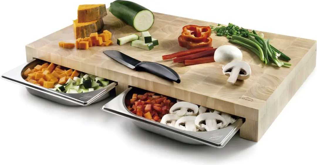 Lacor Snijplank met 2 Inox Laden - Rubber Wood 61,5x34x7cm