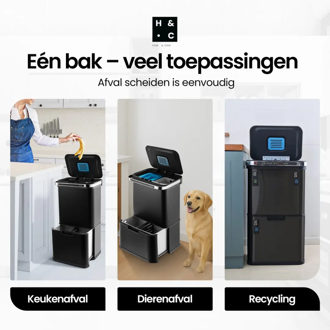 Homcom Sensor Prullenbak 60L - 4 Vakken - Zwart