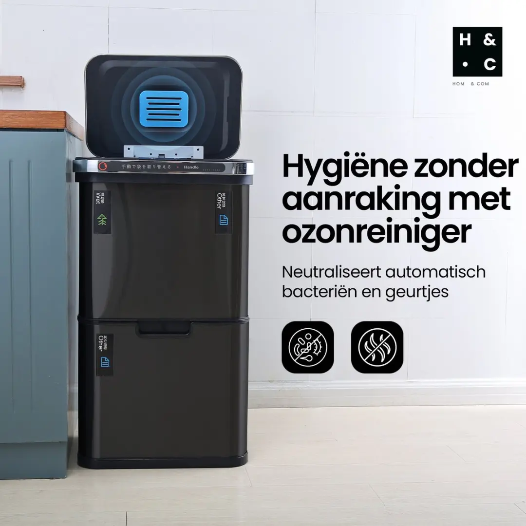 Homcom Sensor Prullenbak 60L - 4 Vakken - Zwart