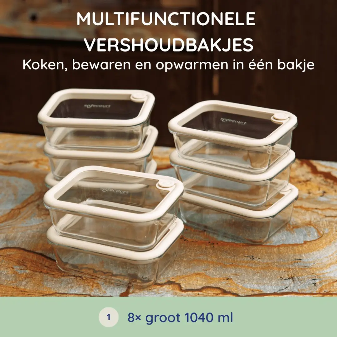 Safecourt Vershoudbakjes Glas 1040ml - 8 Stuks - Beige