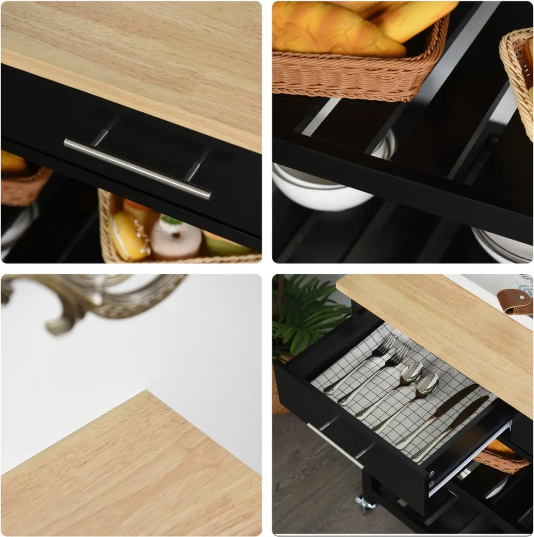 Homcom Keukenkar 91,4x45,6x85cm - MDF - Natuurlijk hout/Zwart