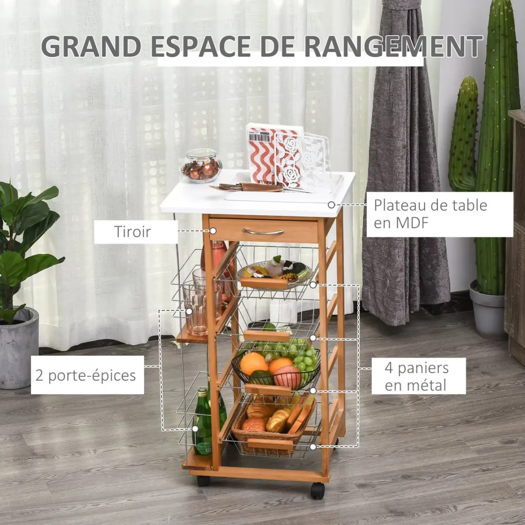 Homcom Keukenkar 47x37x83cm Metaal - Bruin/Wit